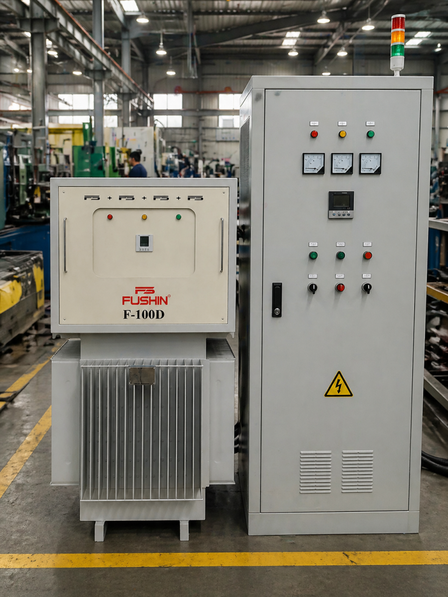 Ổn áp 3 pha ngâm dầu Fushin 100kVA chính hãng, tiết kiệm điện, phù hợp cho nhà máy sản xuất nhỏ và vừa.