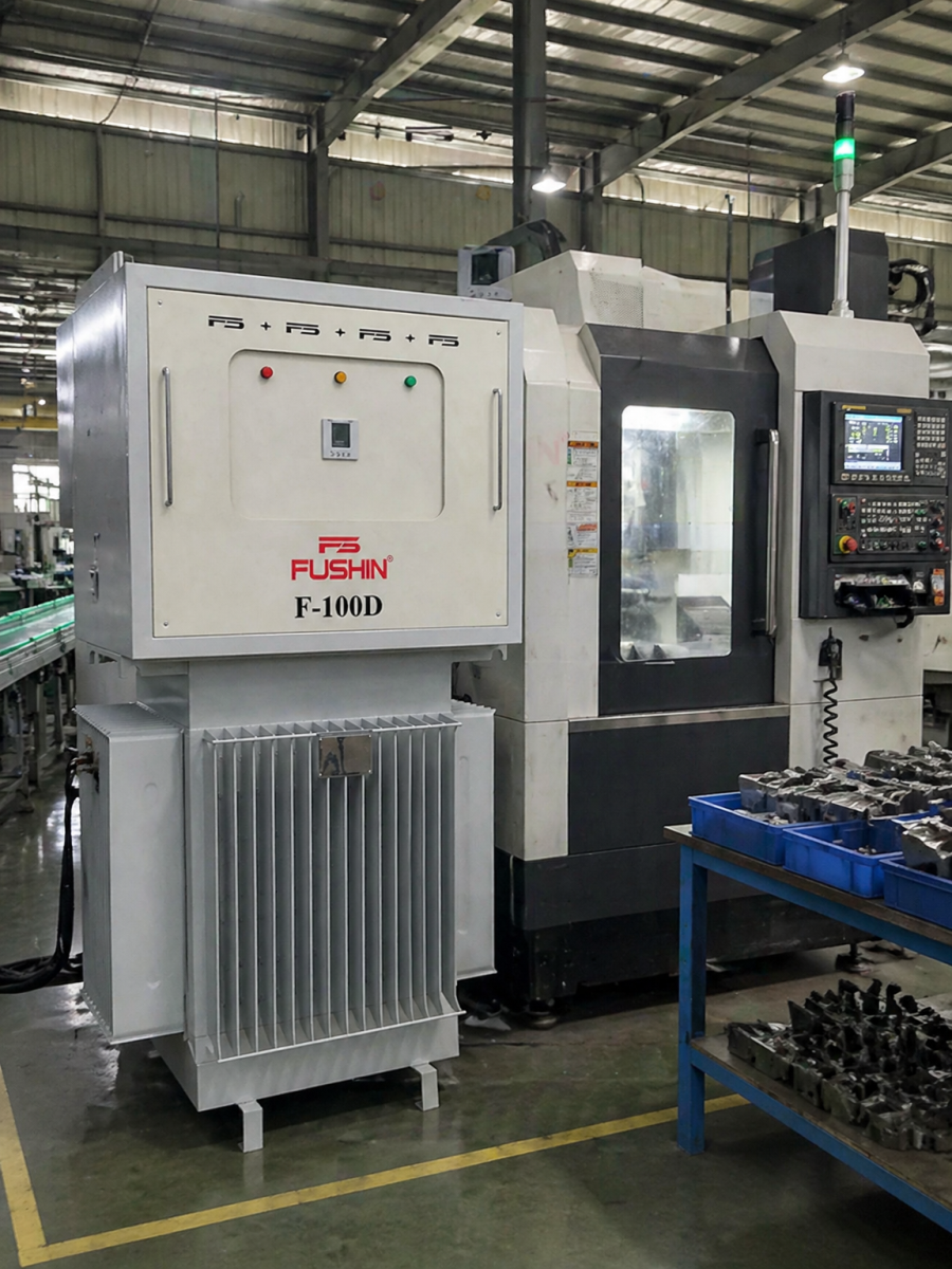 Ổn áp 3 pha ngâm dầu 100kVA Fushin chính hãng, bảo vệ thiết bị công nghiệp hiệu quả.