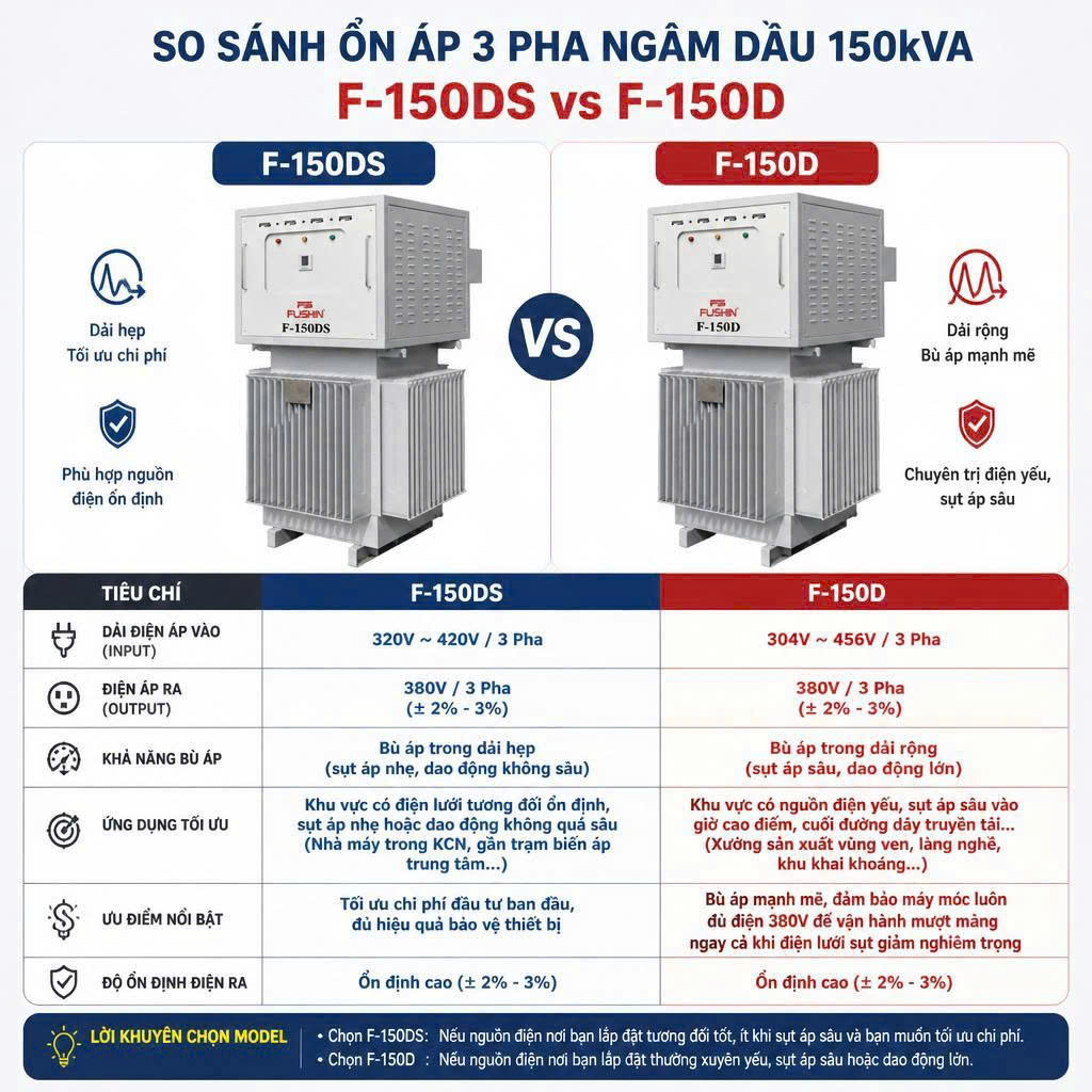 Bảng so sánh ổn áp ngâm dầu 150KVA model F-150DS và F-150D