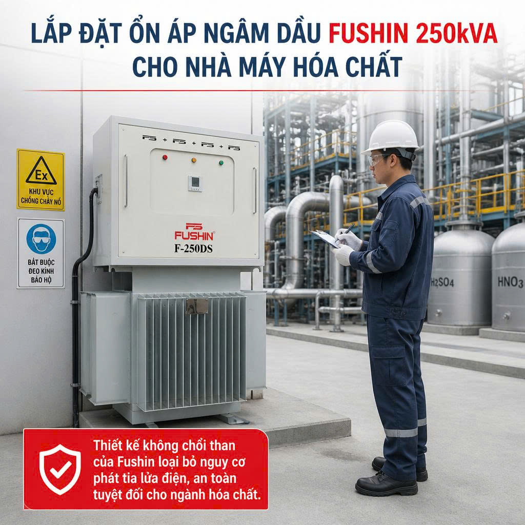 Lắp đặt ổn áp ngâm dầu Fushin 250kVA cho nhà máy hóa chất