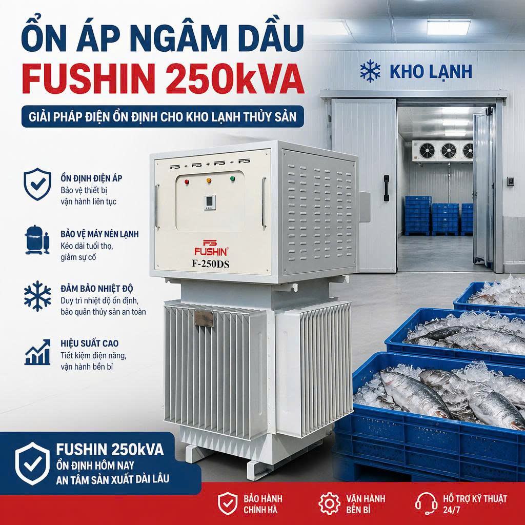 Ứng dụng ổn áp ngâm dầu Fushin 250kVA cho hệ thống kho lạnh