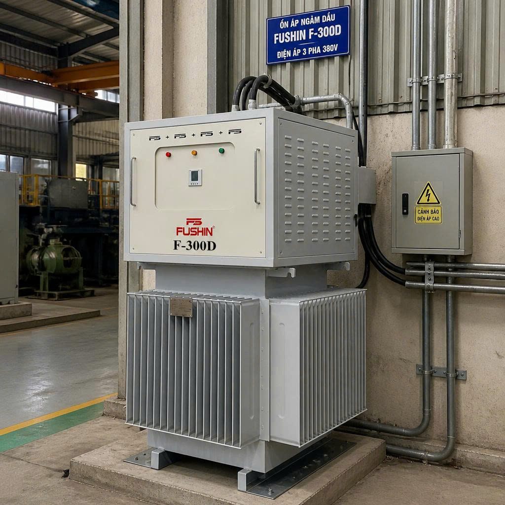 Lắp đặt thực tế ổn áp ngâm dầu Fushin F-300D tại nhà xưởng