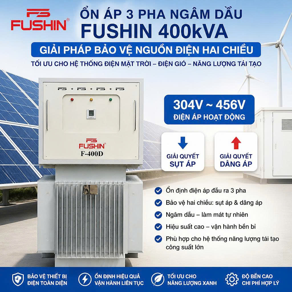 Ổn áp 3 pha ngâm dầu Fushin 400kVA giải quyết sụt áp và dâng áp do điện mặt trời