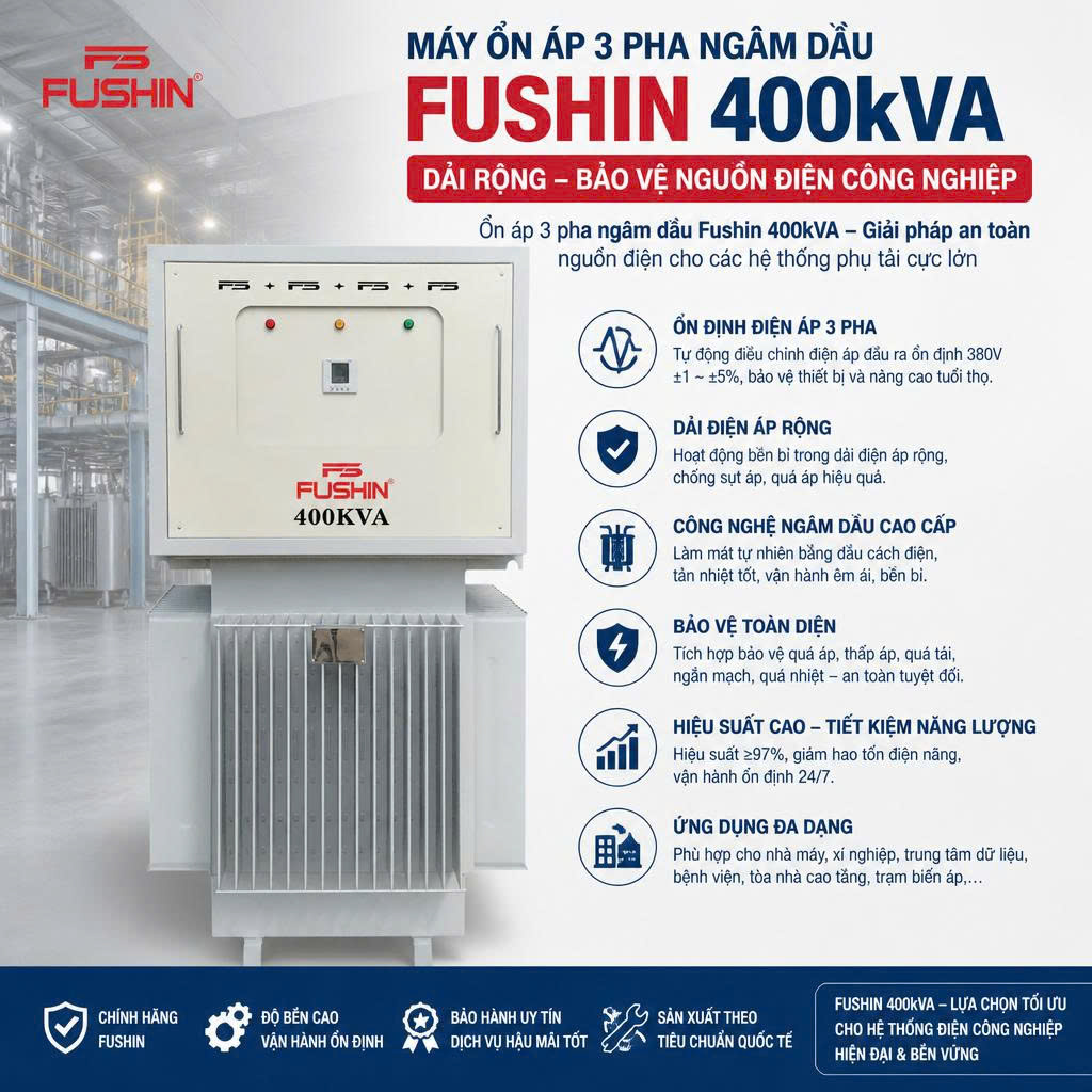 Máy ổn áp 3 pha ngâm dầu Fushin 400kVA chính hãng dải rộng bảo vệ nguồn điện công nghiệp