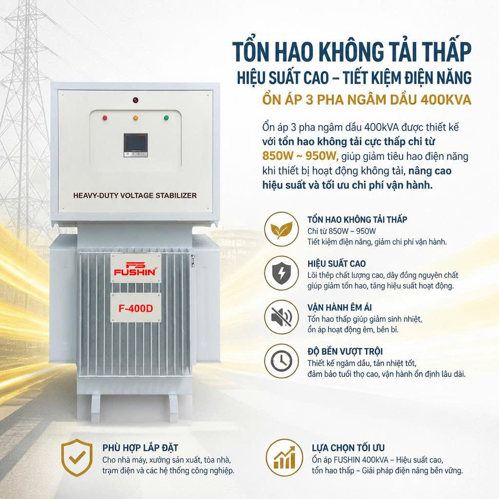 Phân tích mức tổn hao điện năng của ổn áp 3 pha ngâm dầu Fushin 400kVA