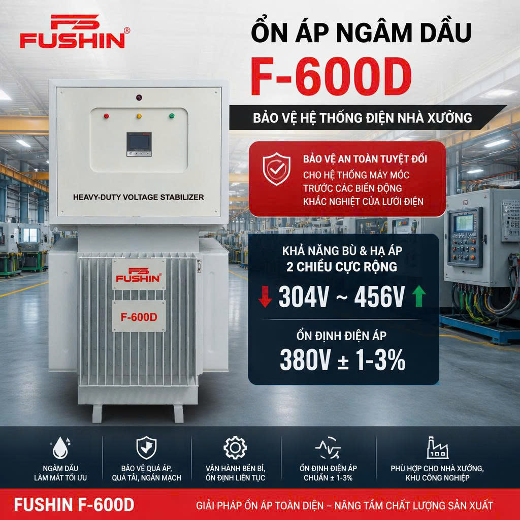 Ổn áp ngâm dầu Fushin F-600D bảo vệ hệ thống điện nhà xưởng