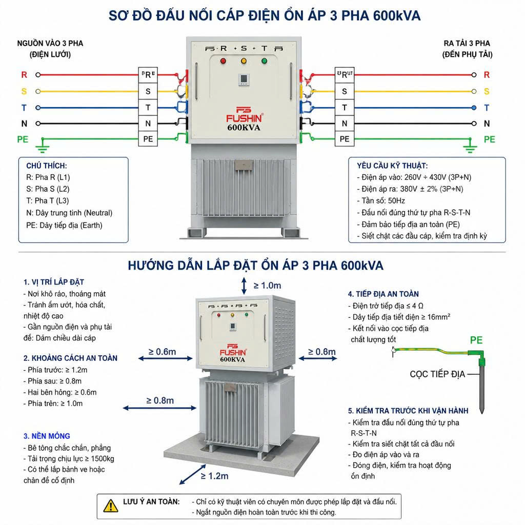 Sơ đồ đấu nối cáp điện và lắp đặt ổn áp 3 pha 600kVA chuẩn kỹ thuật