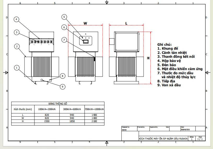 Bảng vẽ kỹ thuật máy biến áp ngâm dầu fushin