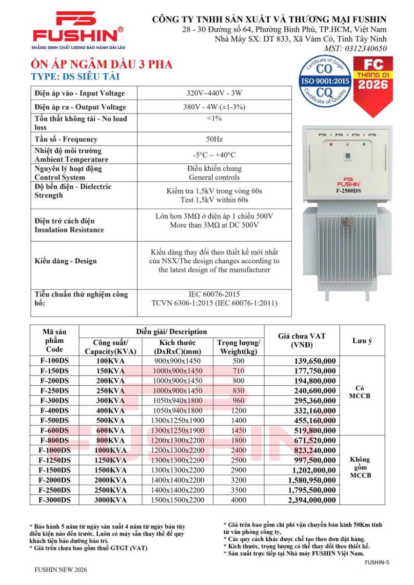 Bảng giá ổn áp dầu fushin