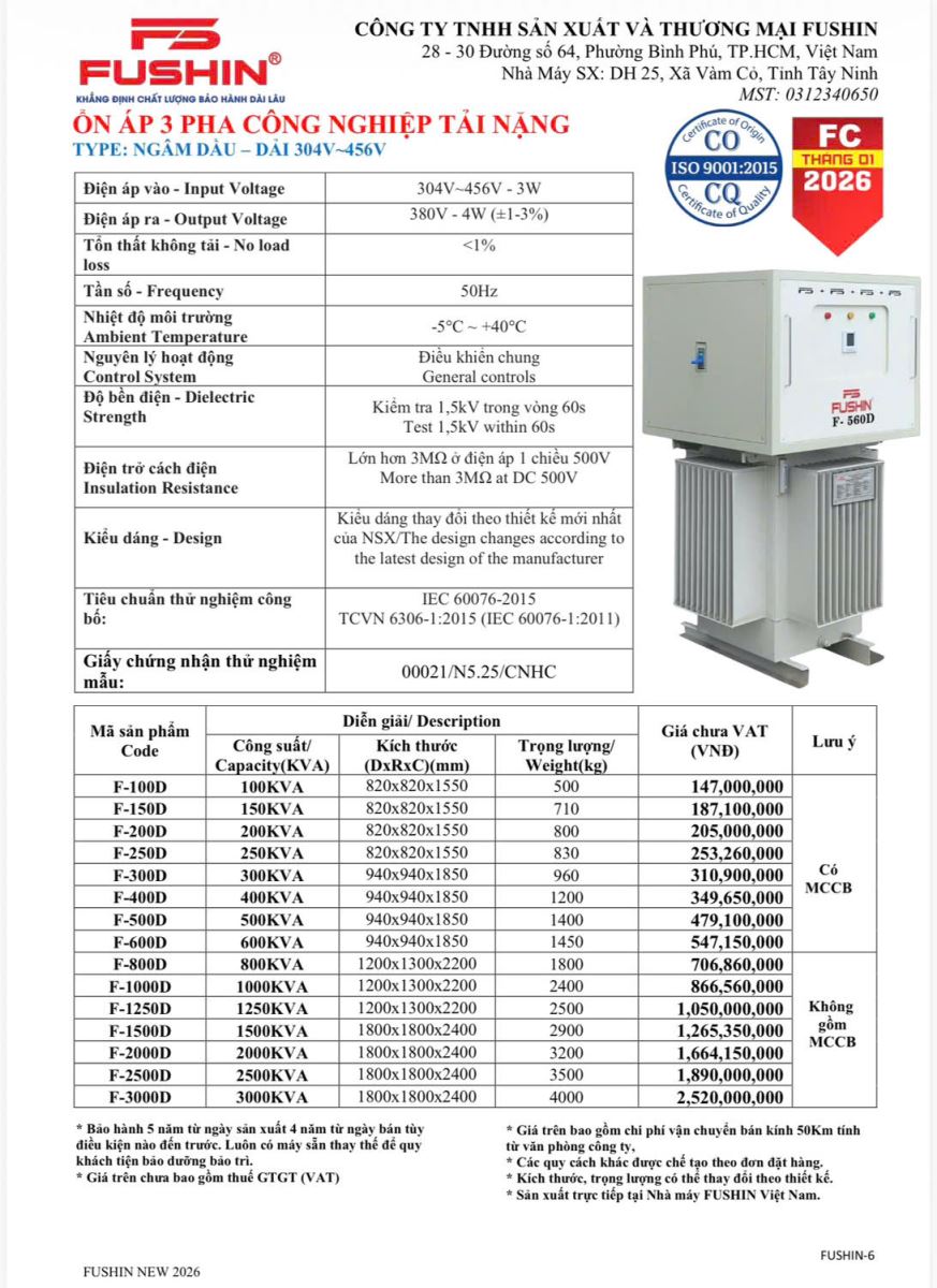 Bảng báo giá ổn áp 3 pha ngâm dầu Fushin 400kVA chính hãng chiết khấu cao dự án