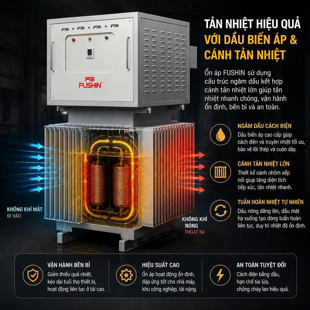 Chi tiết cuộn dây đồng cỡ lớn bên trong ổn áp ngâm dầu Fushin 400kVA dải rộng