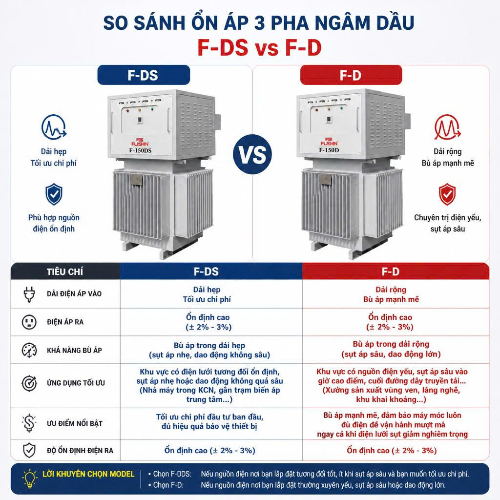So sánh chi tiết ổn áp ngâm dầu 300kVA Fushin F-300D và F-300DS