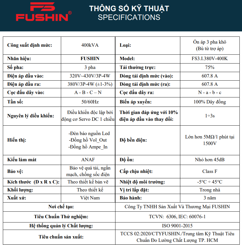 ỔN ÁP 3PHA 400KVA (320V-430V) - FS3.I.380V