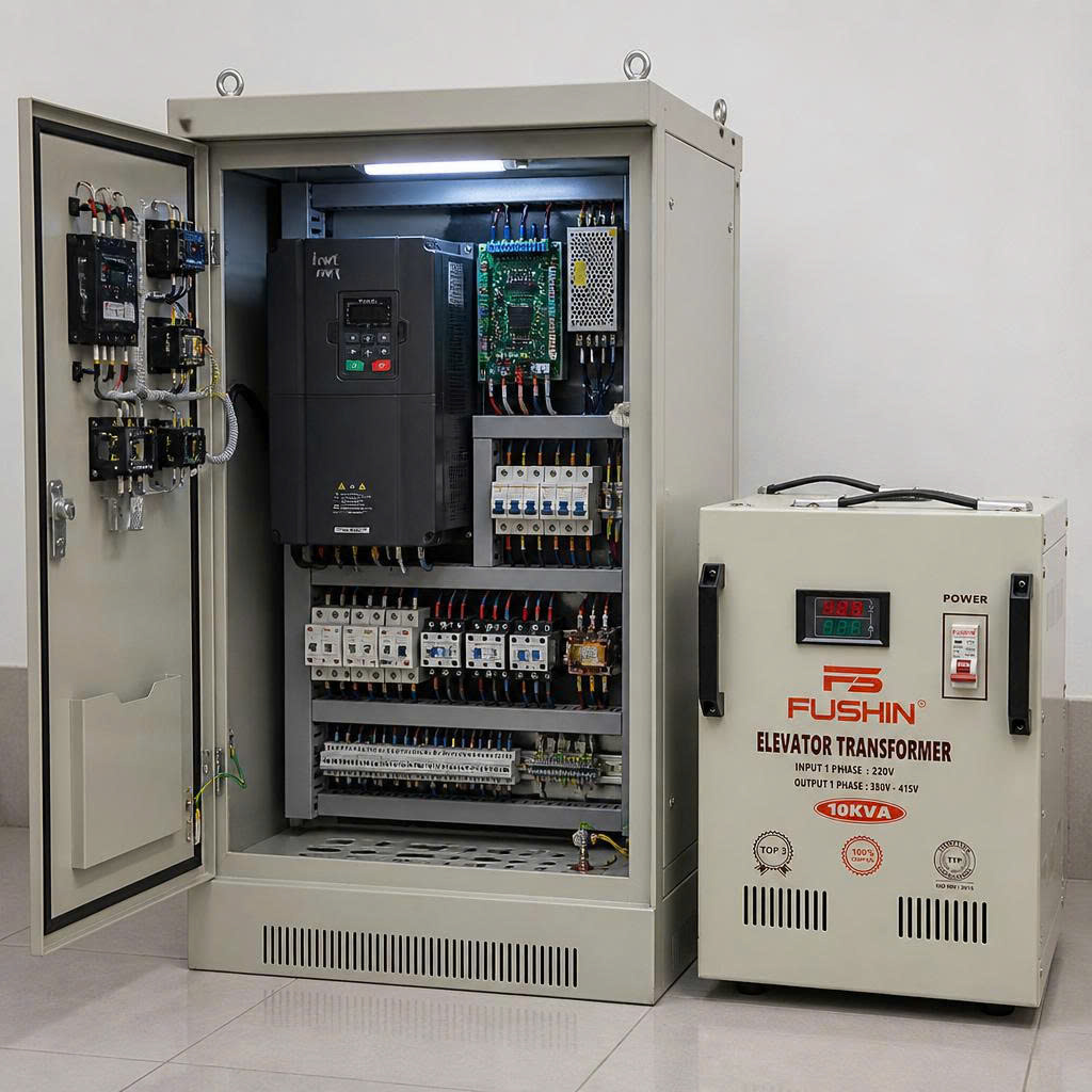 Giải pháp 220V 1 pha lên 380V 3 pha cho thang máy bằng biến áp FUSHIN và Biến Tần
