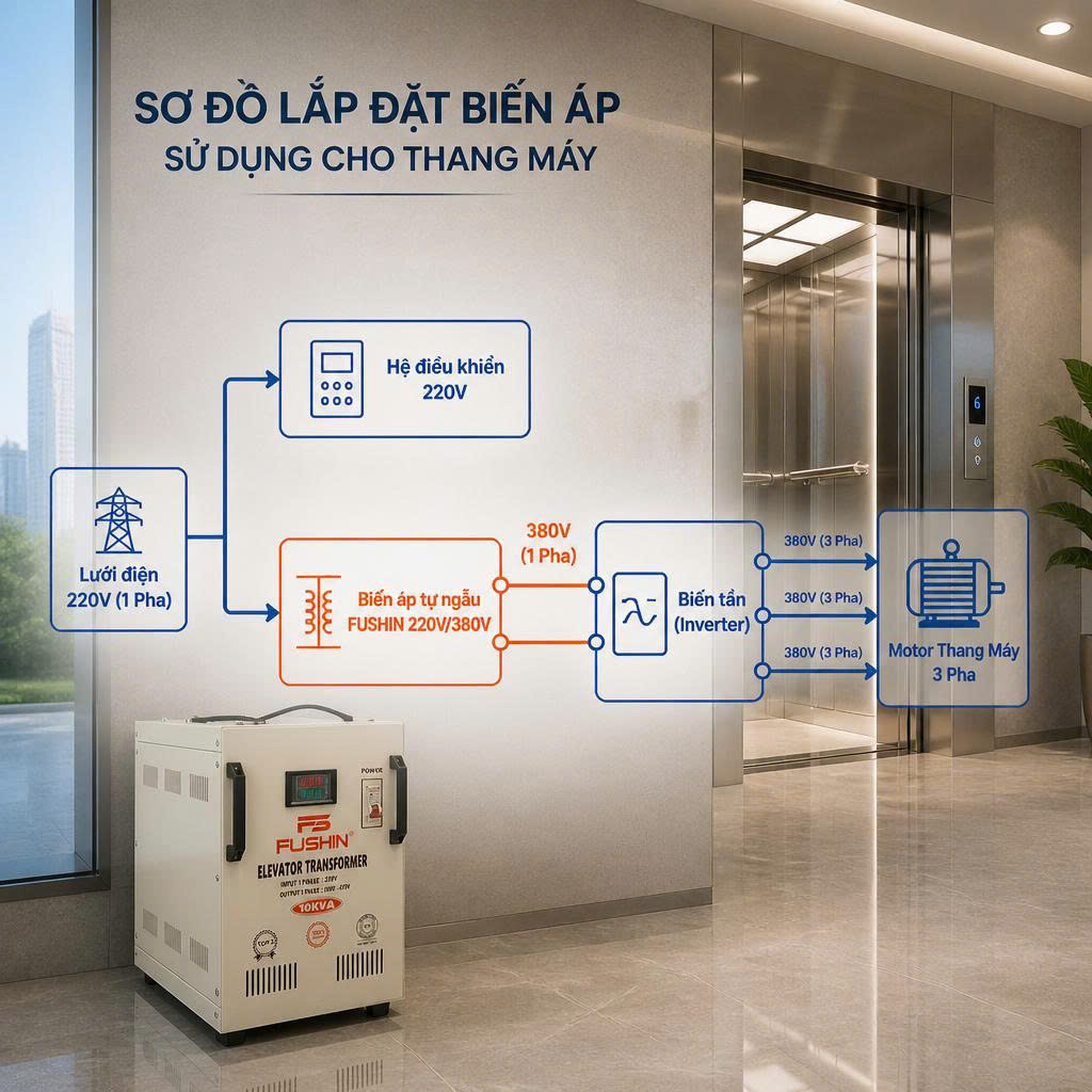 Sơ đồ đấu nối biến áp 220V 380V cho thang máy] Sơ đồ nguyên lý tận dụng chức năng bù pha của biến tần để chạy động cơ 3 pha.