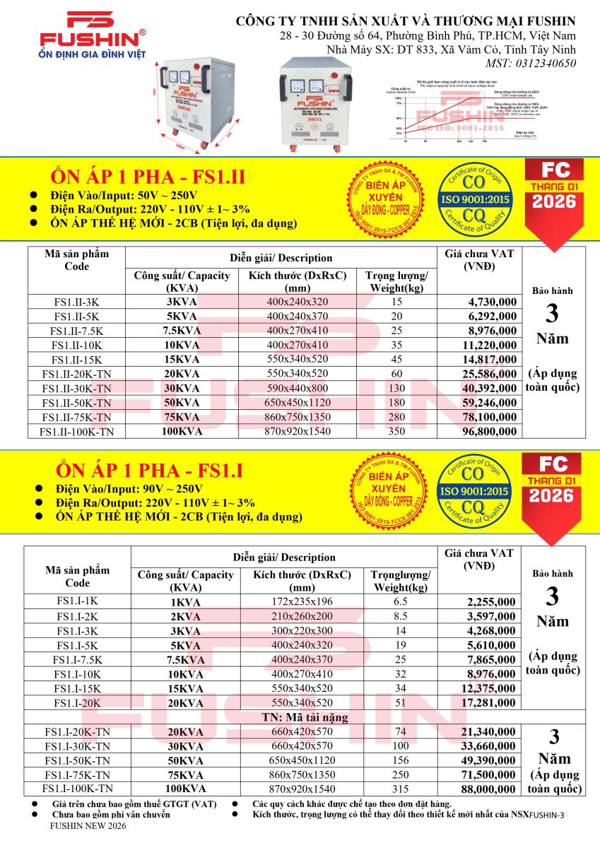 Bảng giá ổn áp 1 Pha