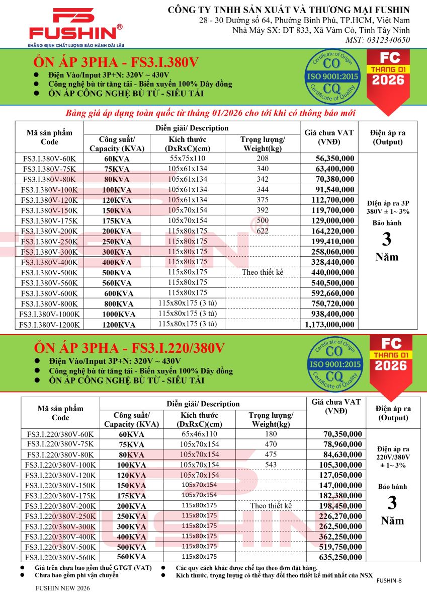 Bảng giá ổn áp 3 pha