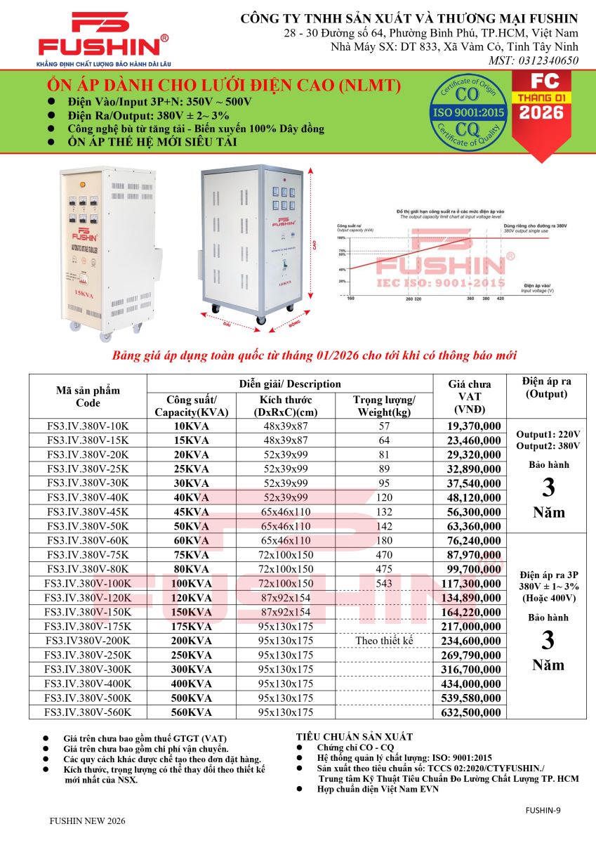 Bảng giá ổn áp 3 pha