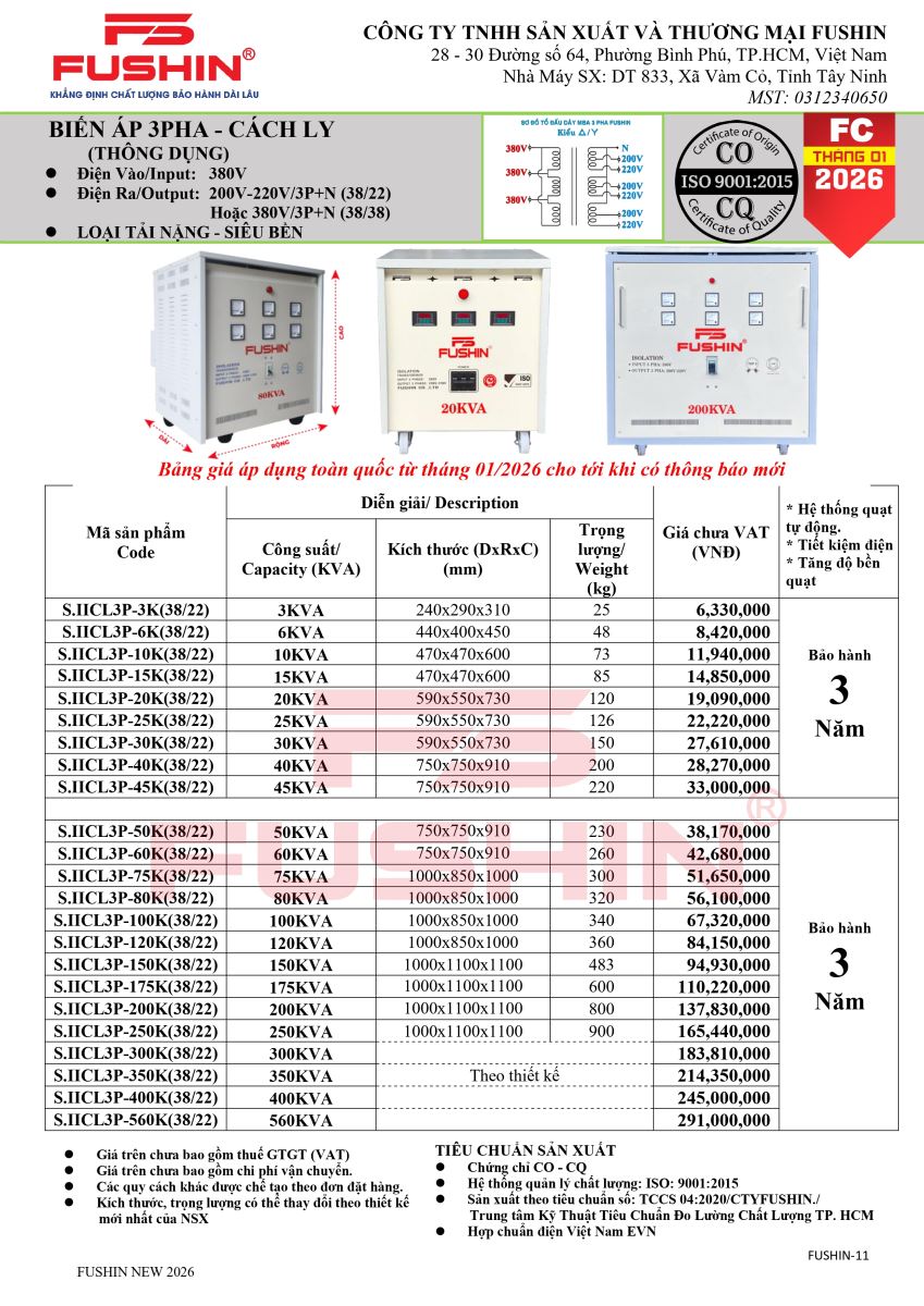 Biến áp 3 pha 380V ra 200V-220V (Thùng)
