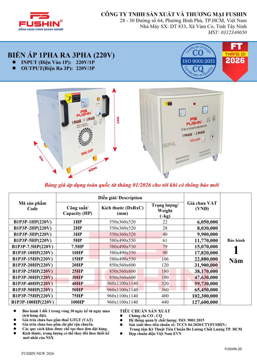 Bảng giá máy biến áp 1 pha ra 3 pha