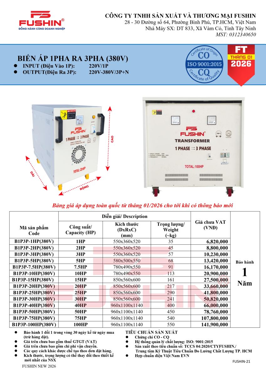 Bảng giá máy biến áp 1 pha ra 3 pha