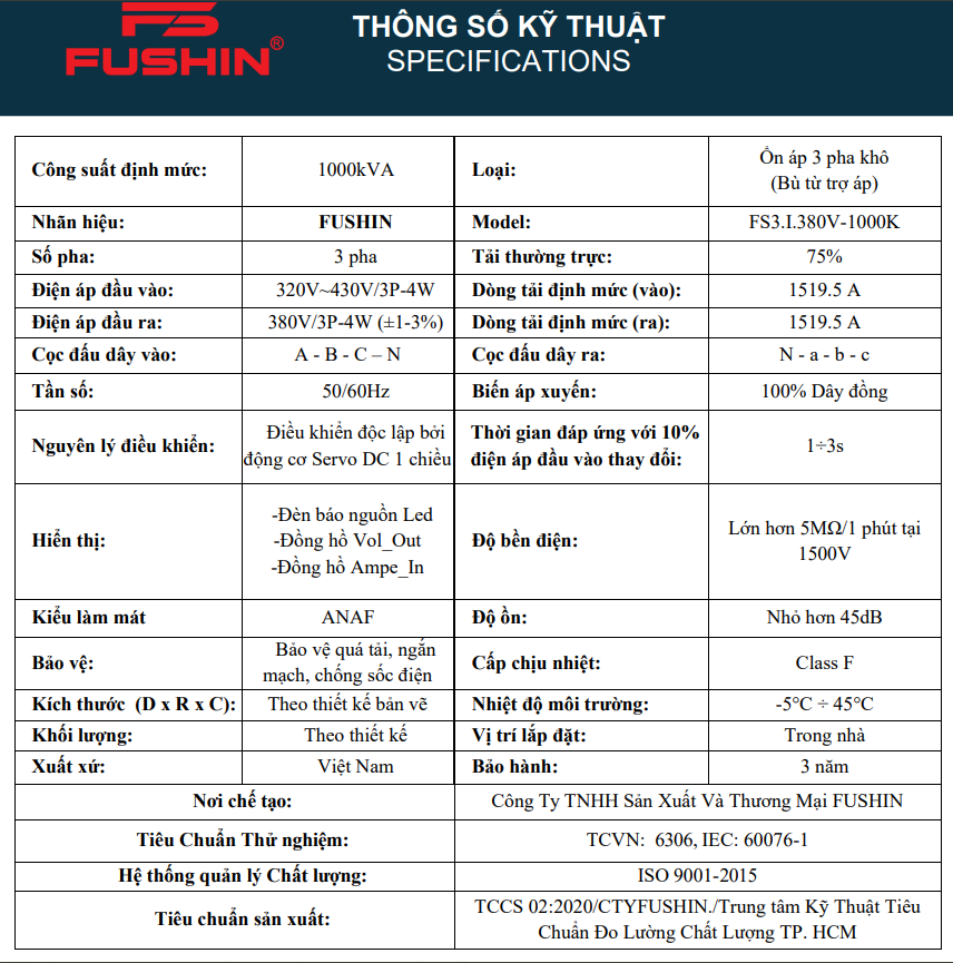 ỔN ÁP 3PHA 1000KVA (320V-430V) - FS3.I.380V