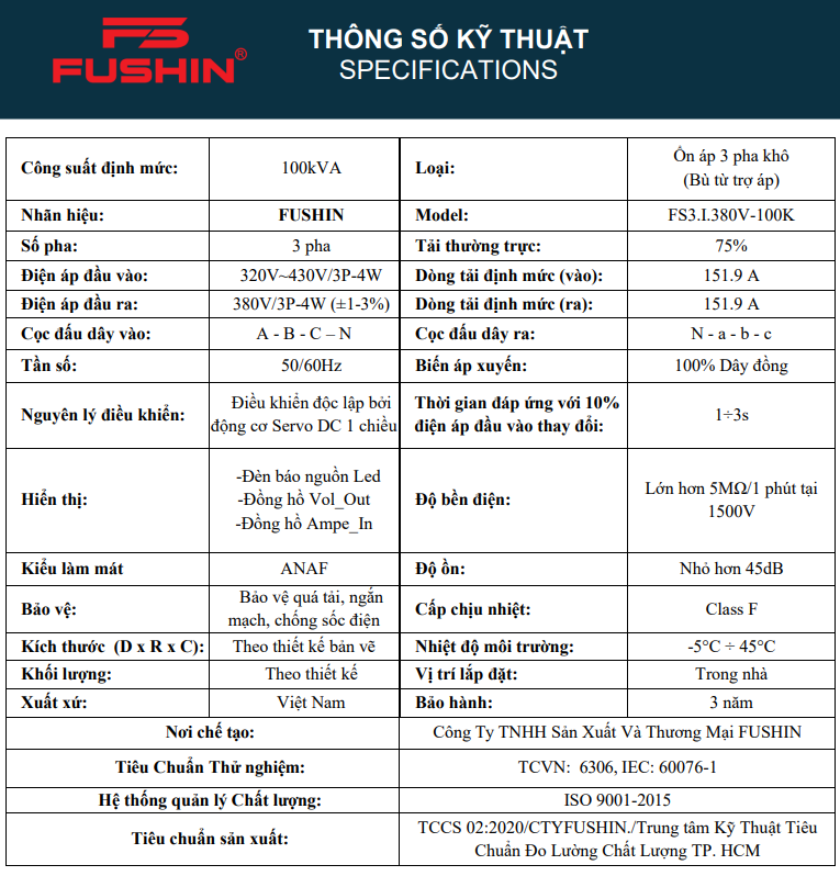 ỔN ÁP 3PHA 100KVA (320V -430V) - FS3.I.380V