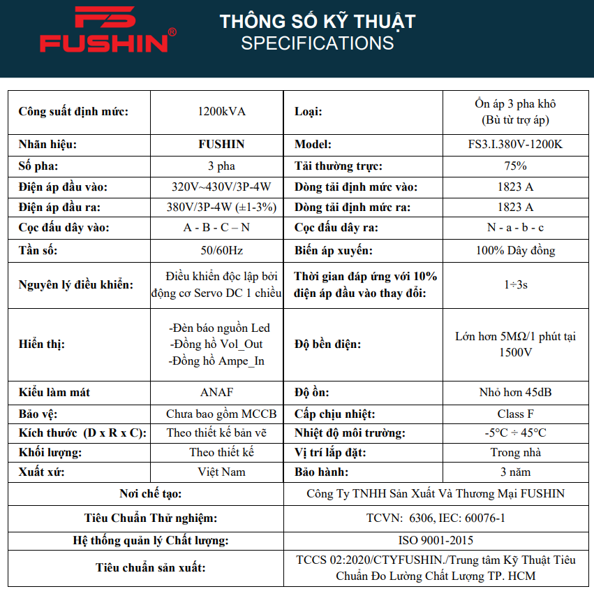 ỔN ÁP 3PHA 1200KVA (320V-430V) - FS3.I.380V