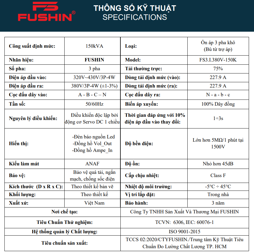 ỔN ÁP 3PHA 150KVA (320V -430V) - FS3.I.380V