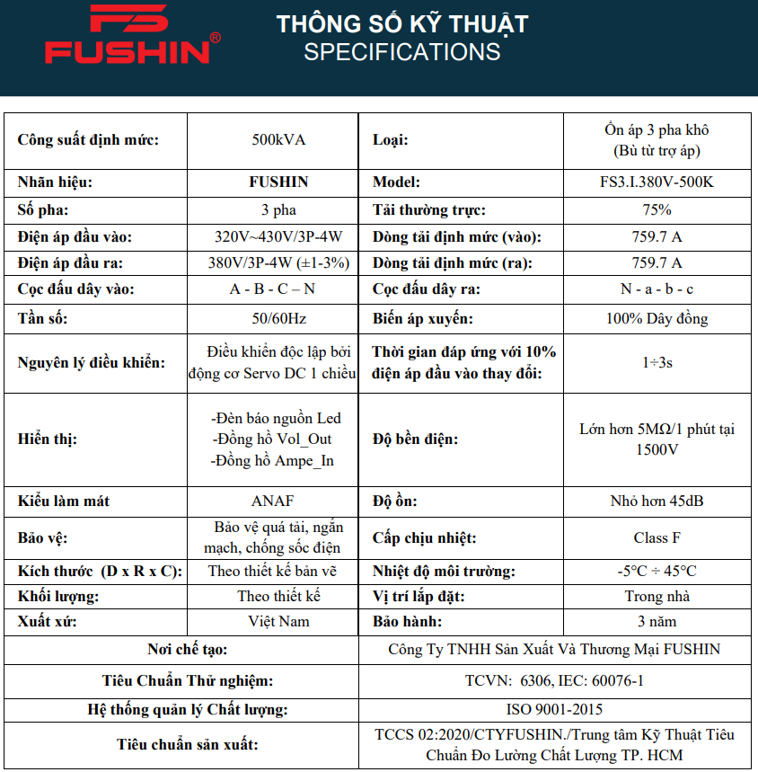 ỔN ÁP 3PHA 500KVA (320V-430V) - FS3.I.380V