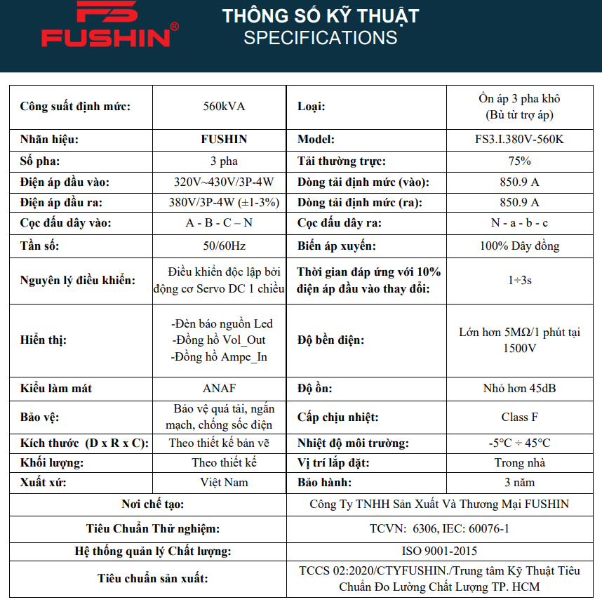 ỔN ÁP 3PHA 560KVA (320V-430V) - FS3.I.380V