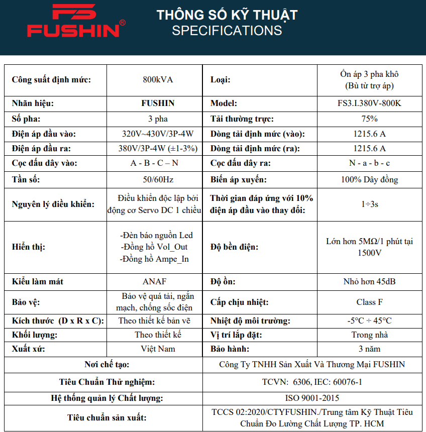 ỔN ÁP 3PHA 800KVA (320V-430V) - FS3.I.380V